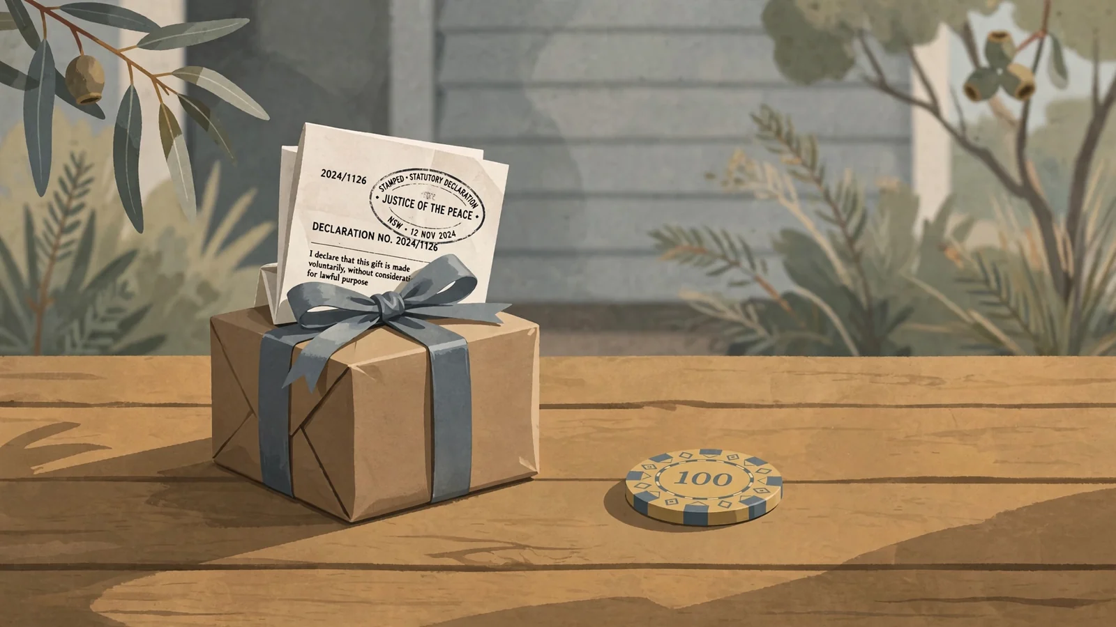 Wrapped gift box with legal document tag beside a casino chip on wooden table