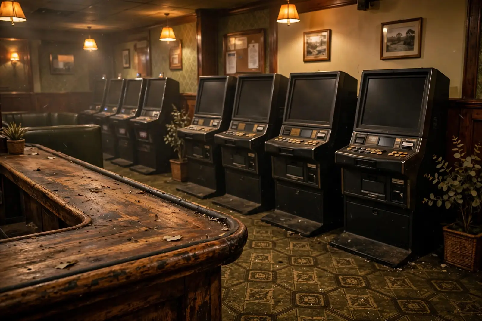 Row of pokie machines with screens turned away in Australian club interior